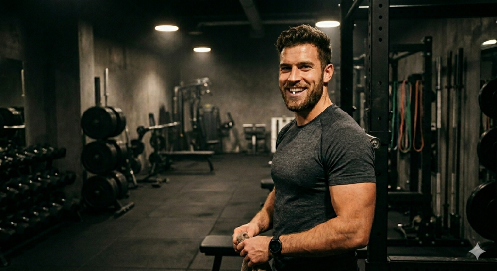 man with muscles chewing gum in gym